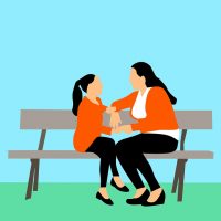 Illustration of parent and child talking on a park bench